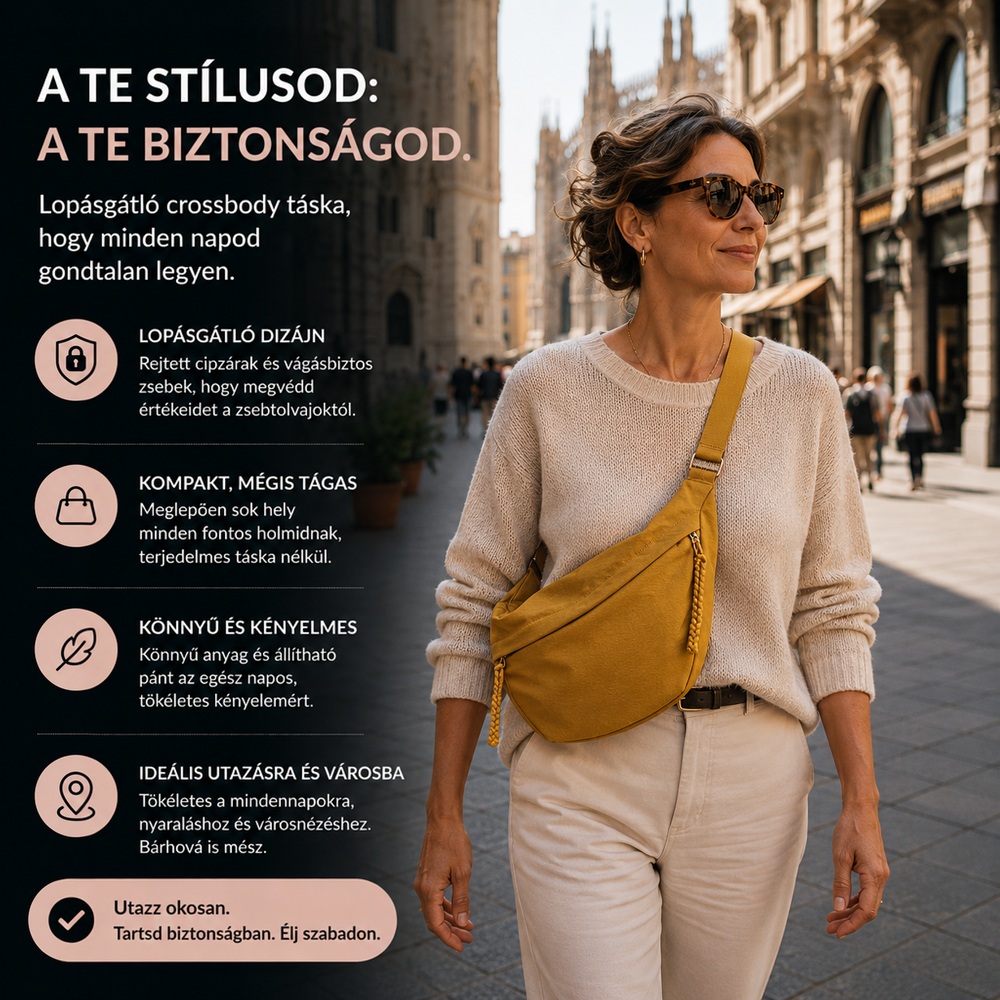 Nő napszemüvegben, bézs pulóverben és nadrágban sétál a városban, az okkersárga táskát átlósan a testén viselve. 2