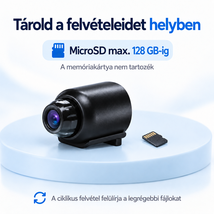 Fekete kamera talpon egy világoskék talapzaton, mellette különálló microSD memóriakártya 4