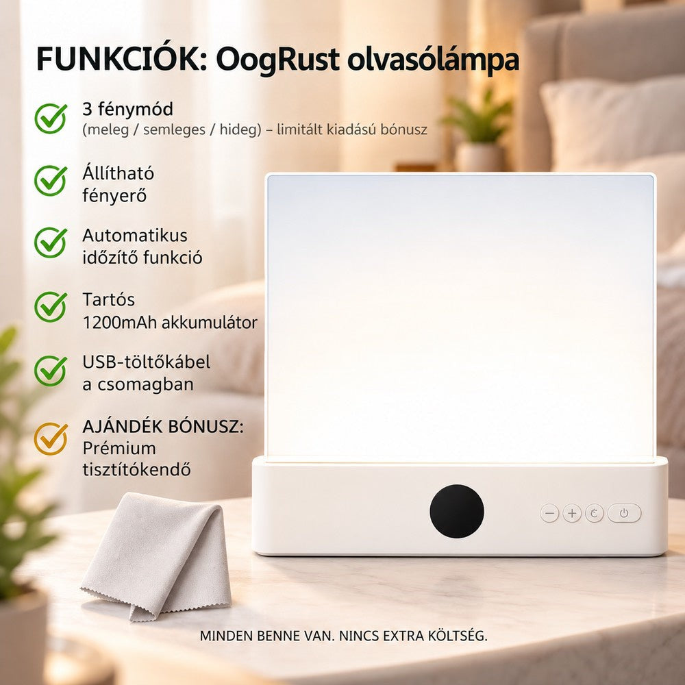 Fehér, álló kivitelű lámpa az asztalon, mellette tisztítókendő, a funkciók listájával 6