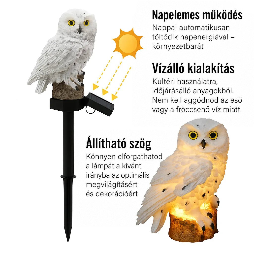 Fehér bagolylámpa földbe szúrható szárral és dönthető napelemmel, mellette a megvilágított bagoly közeli képe. 3