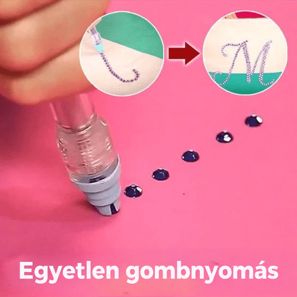 Gombnyomásra a toll sötét strasszköveket helyez rózsaszín felületre, beszúrt képen kirakott M betűs minta 3
