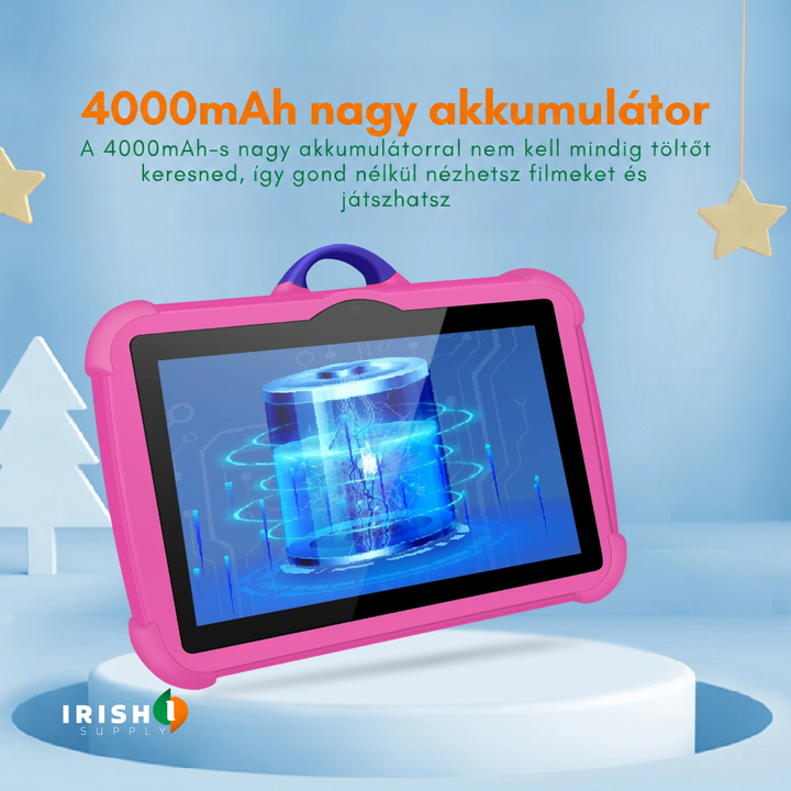 Rózsaszín tablet képernyőjén világító akkumulátor illusztráció, a nagy kapacitású akkut jelezve 5
