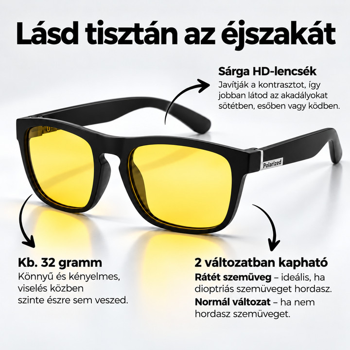 Matt fekete keretes, sárga lencsés szemüveg szárán fém címkével, nyilakkal jelölt lencse-, súly- és változatinformációkkal. 5