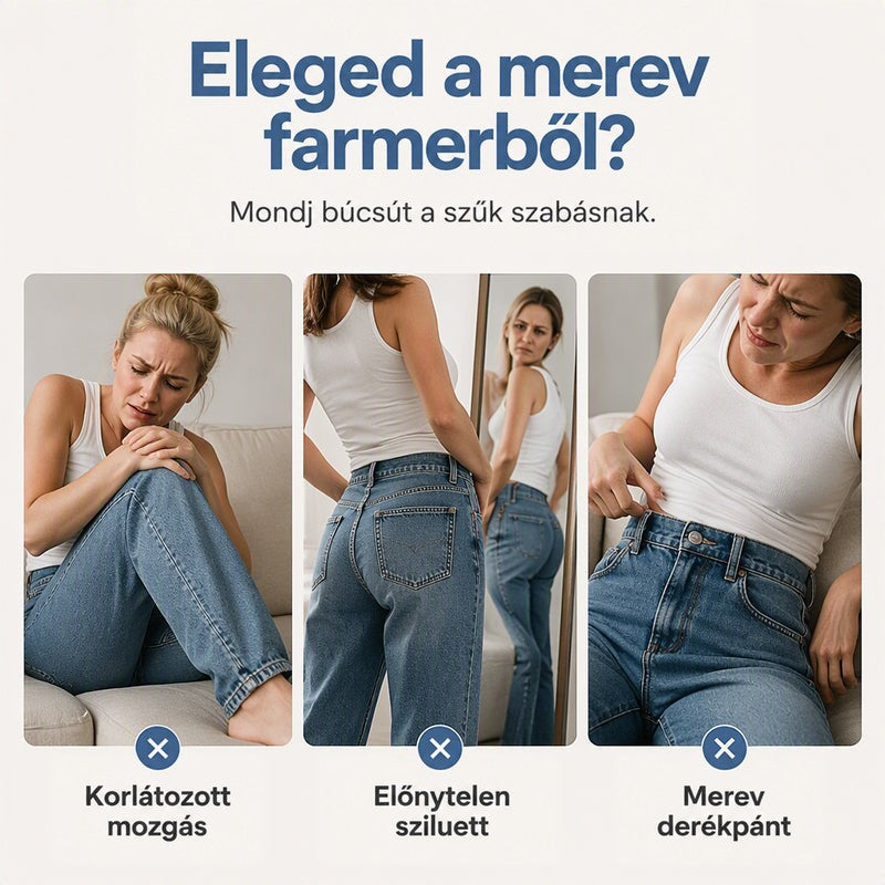 Három jelenetes kollázs: kényelmetlenül ülő, tükör előtt álló és hasát fogó nő merev, hagyományos farmerben. 3