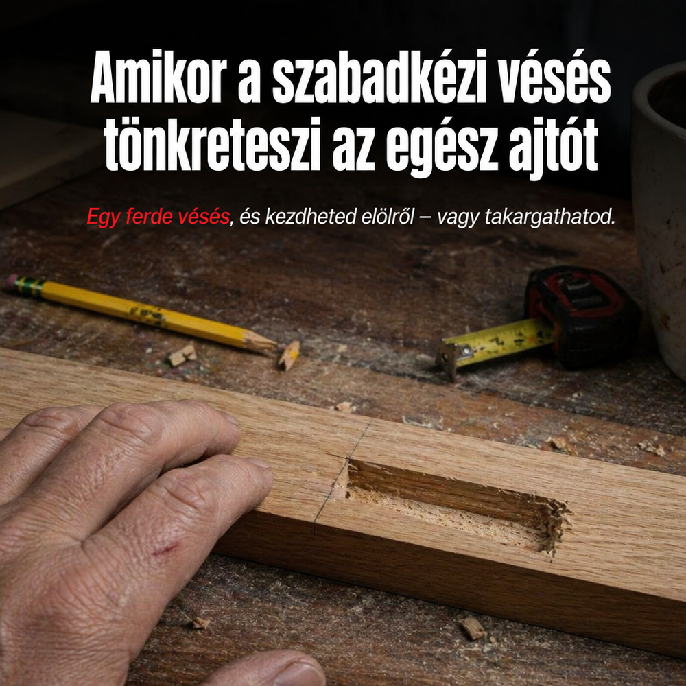Tölgyléc egyenetlen, kiszakadt szélű, kézzel vágott nútja mellett ceruza, mérőszalag és forgács hevernek a munkapadon. 2