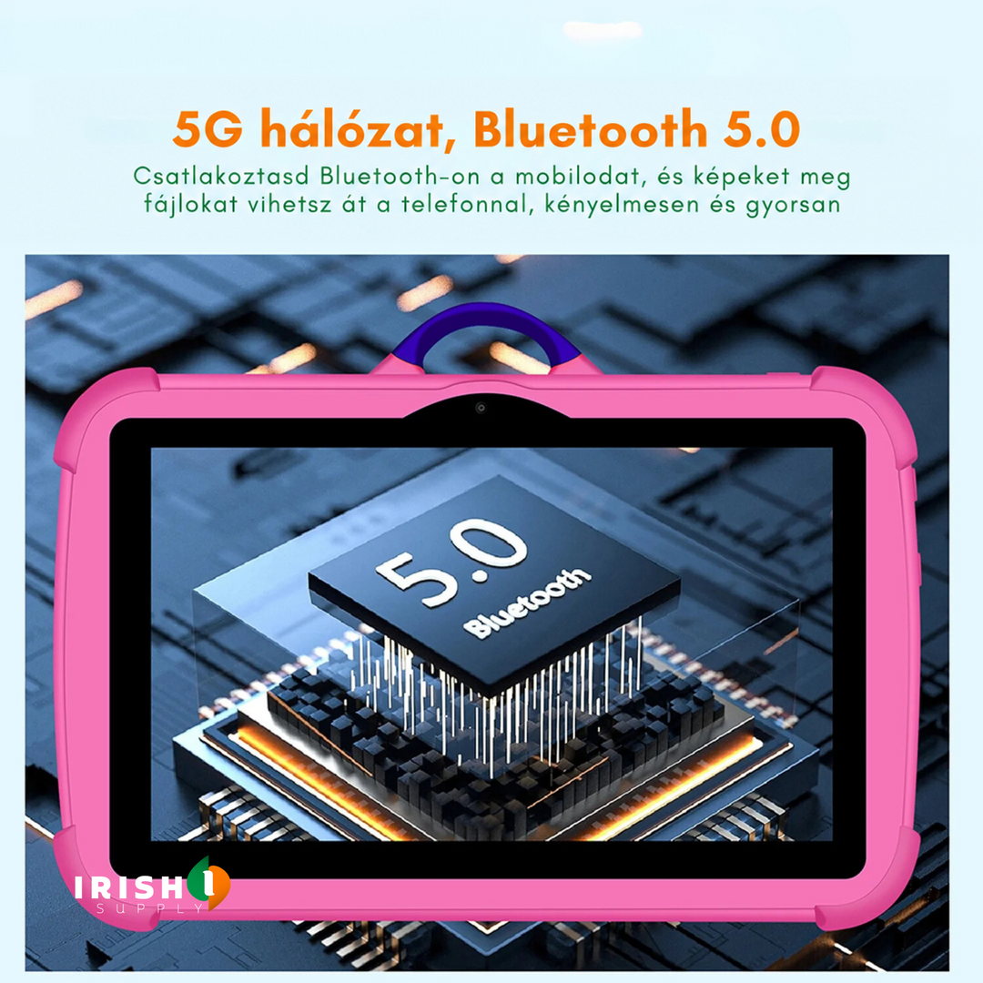Rózsaszín tablet képernyőjén Bluetooth-chip illusztráció, a vezeték nélküli kapcsolatot bemutatva 4
