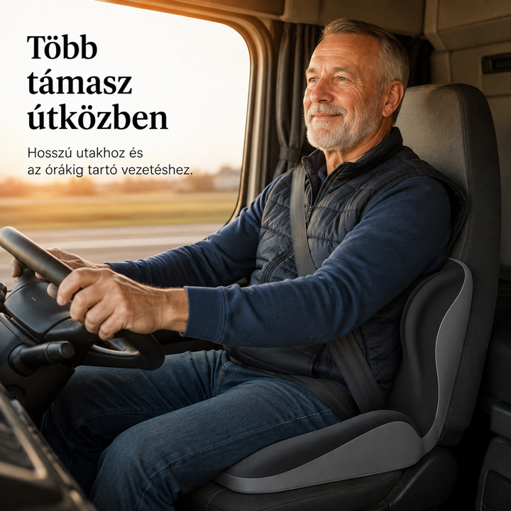 Kamionvezető vezet a fülkében, a vezetőülésén szürke háttámlás ülőpárna támasztja a hátát 5