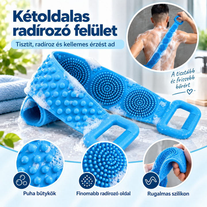 Közelkép a kék dörzsölő kétoldalú felületéről: lágy bütykök és finomabb tüskés oldal, hajlítható szilikon 7