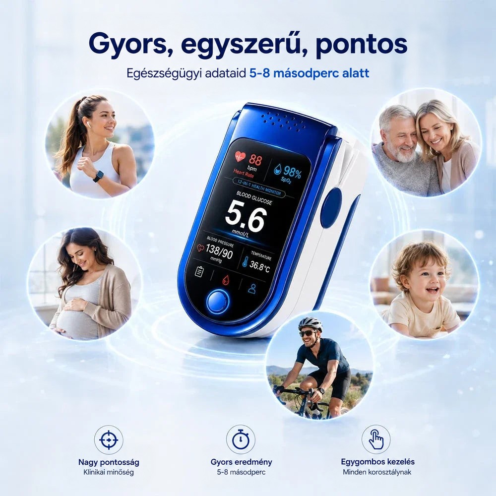 A monitor középen, körülötte kör alakú képeken sportoló nő, idős pár, várandós nő, kisgyerek és kerékpáros. 9
