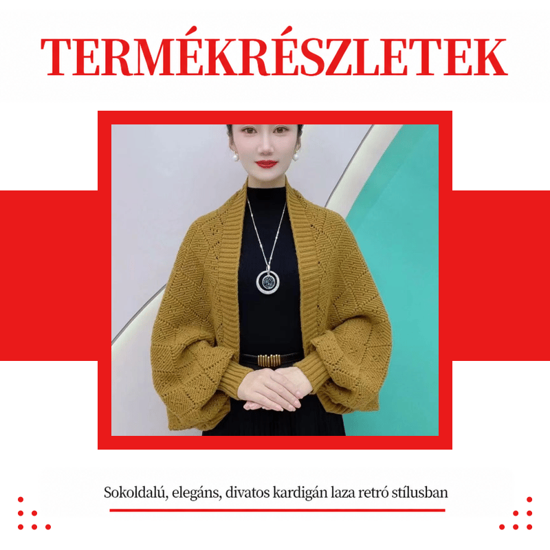 Mustársárga áttört kendő kardigán modellen, piros keretes termékleíró grafikában 14