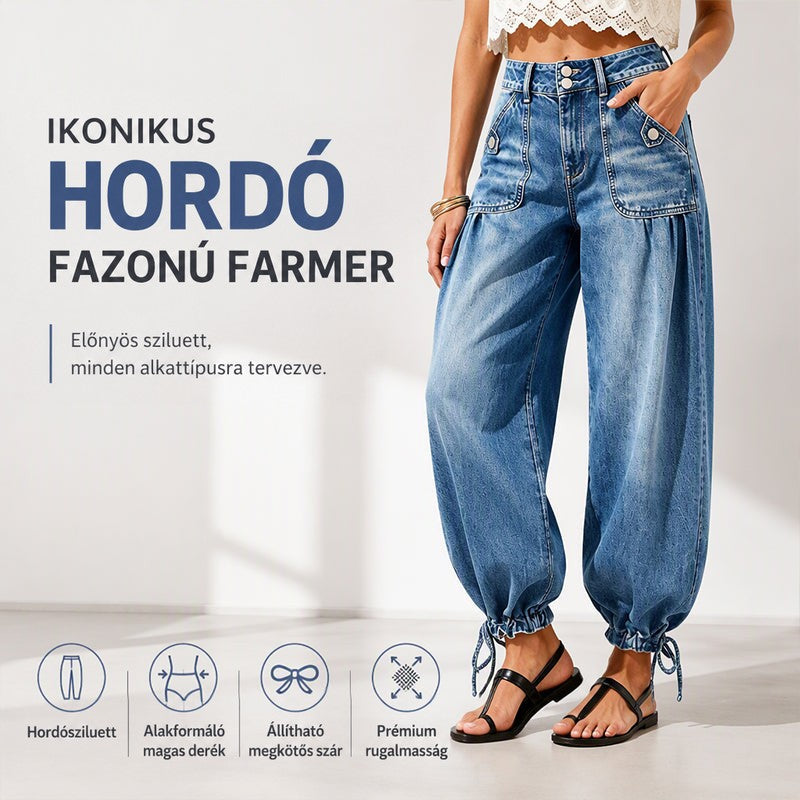 Modell világoskék, kopottas hatású barrel farmerben, fehér csipkés topban és fekete szandálban, a nadrág jellemzőit bemutató ikonokkal. 1