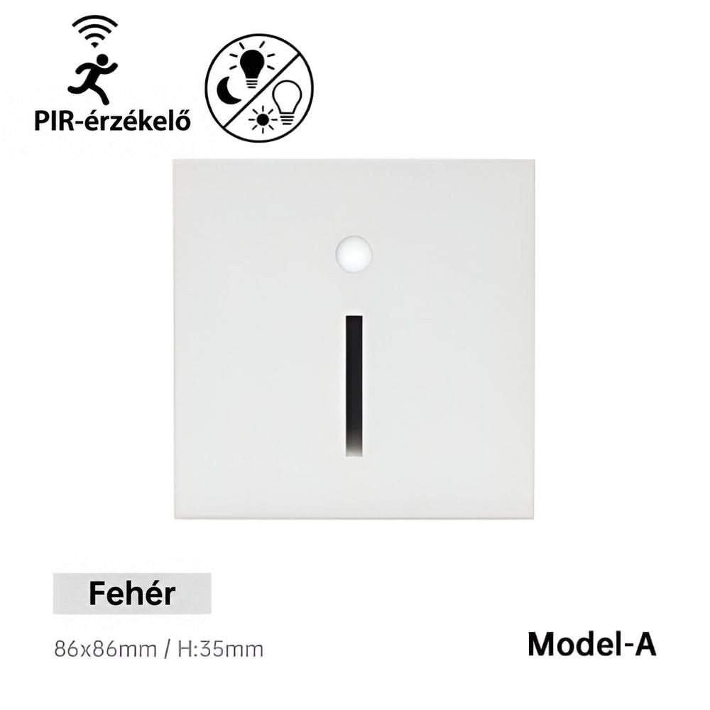 Fehér, négyzet alakú A modell elölnézetből, szenzorponttal és keskeny függőleges fényréssel 9