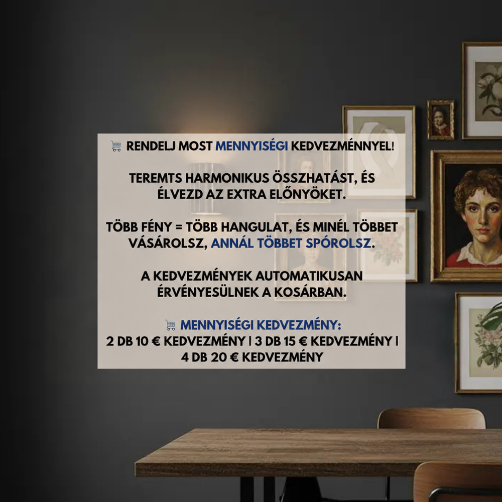 Sötét falon világító bordázott fali lámpa képkeretes portrék és asztal mellett, tájékoztató szöveges grafikán 2