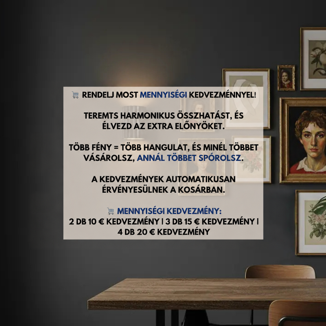 Sötét falon világító bordázott fali lámpa képkeretes portrék és asztal mellett, tájékoztató szöveges grafikán 2