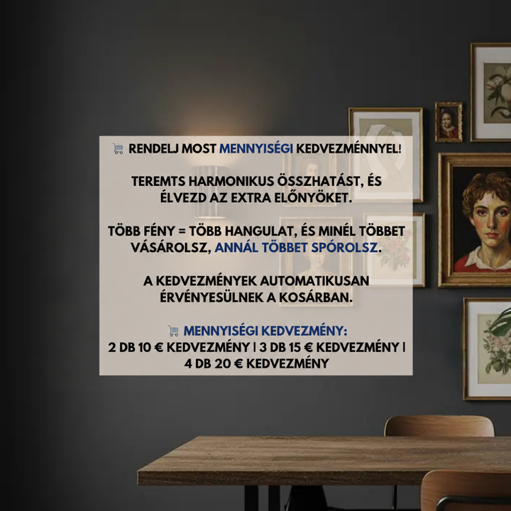 Sötét falon világító bordázott fali lámpa képkeretes portrék és asztal mellett, tájékoztató szöveges grafikán 2