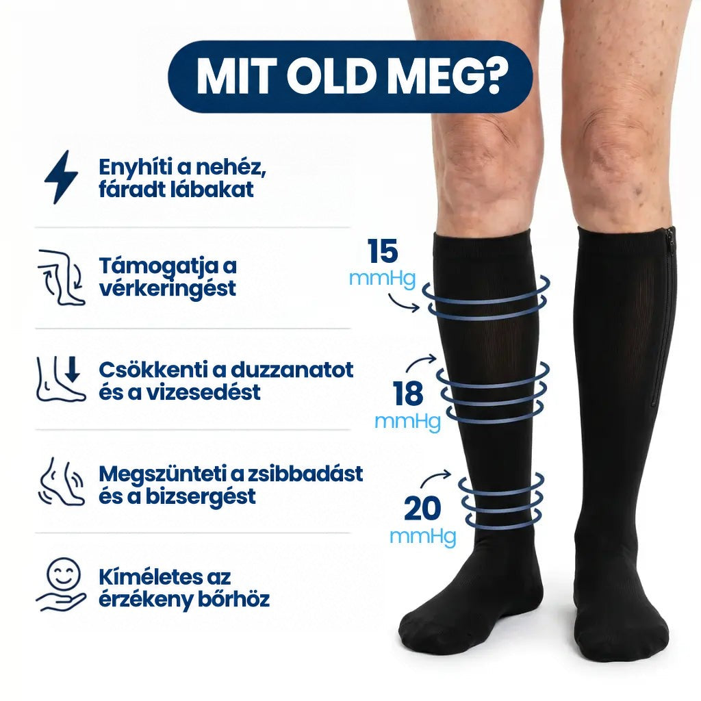 Fekete cipzáras harisnyát viselő lábak elölről, a nyomás értékei a lábszáron jelölve 6
