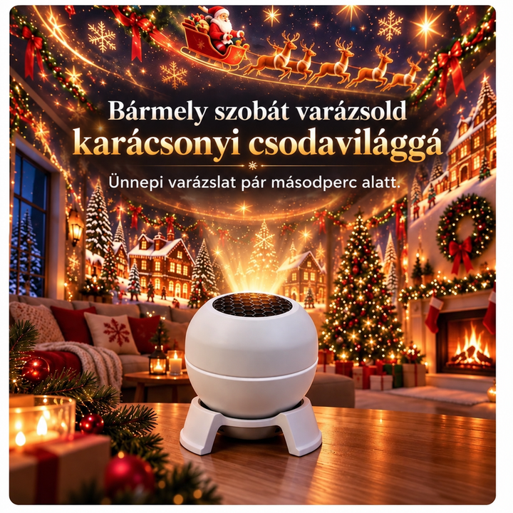 A gömb alakú projektor szemből, karácsonyi nappali közepén, ahogy a falakra és a mennyezetre ünnepi jeleneteket vetít. 2
