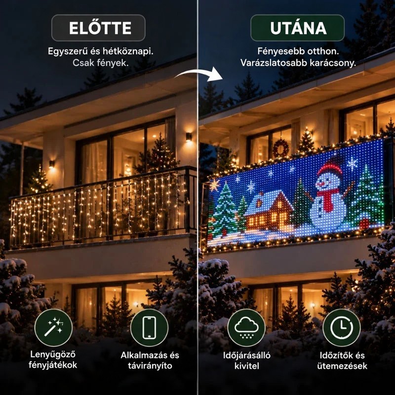 Előtte-utána összehasonlítás: sima fényfüggöny az erkélyen, mellette hóembert és házikót mutató pixelfüggöny 3