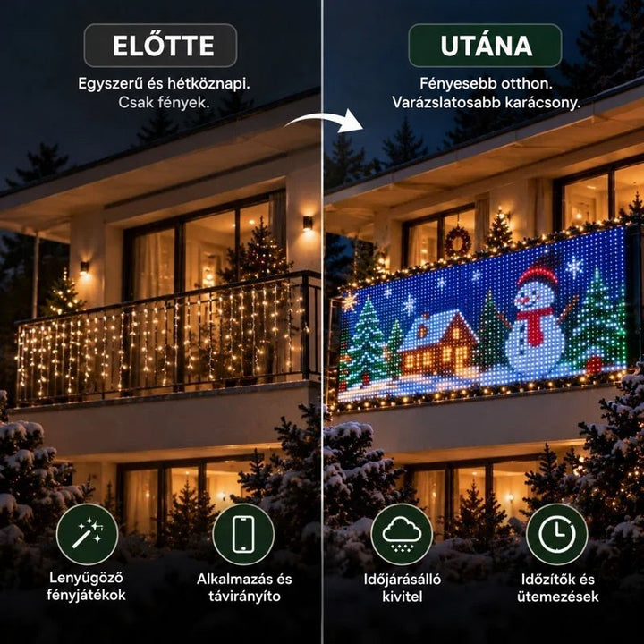 Előtte-utána összehasonlítás: sima fényfüggöny az erkélyen, mellette hóembert és házikót mutató pixelfüggöny 3