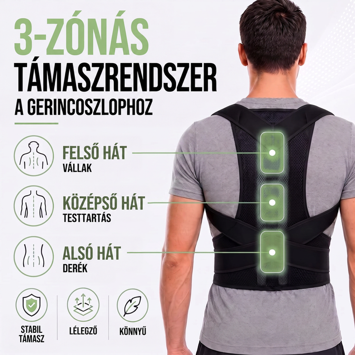 Fekete merevítő férfi hátán, három kiemelt zónával a felső hát, a középső hát és az ágyék támasztásához. 6
