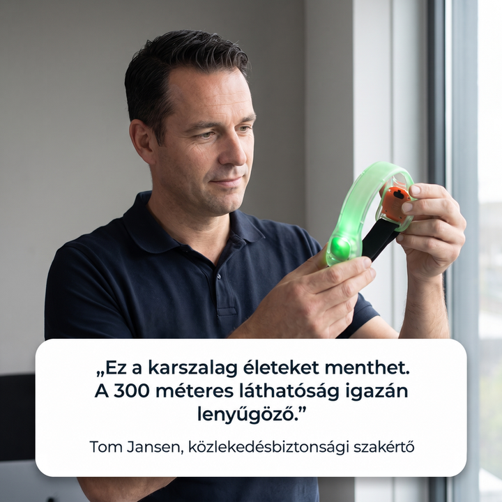 Férfi ablak mellett kezében tartja a zölden világító karpántot, és megvizsgálja 7