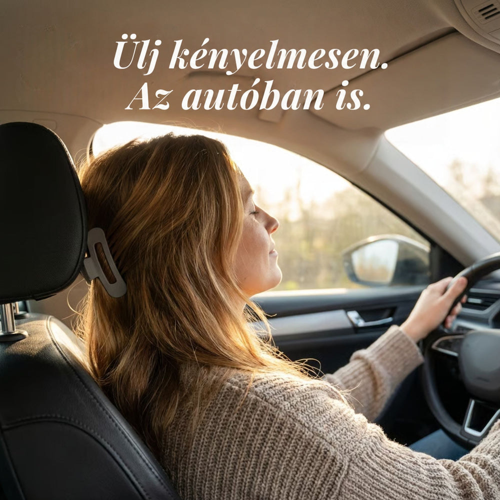 Autóvezető nő feje mögött szürke lapos hajcsat tartja a haját a fejtámla mellett 2