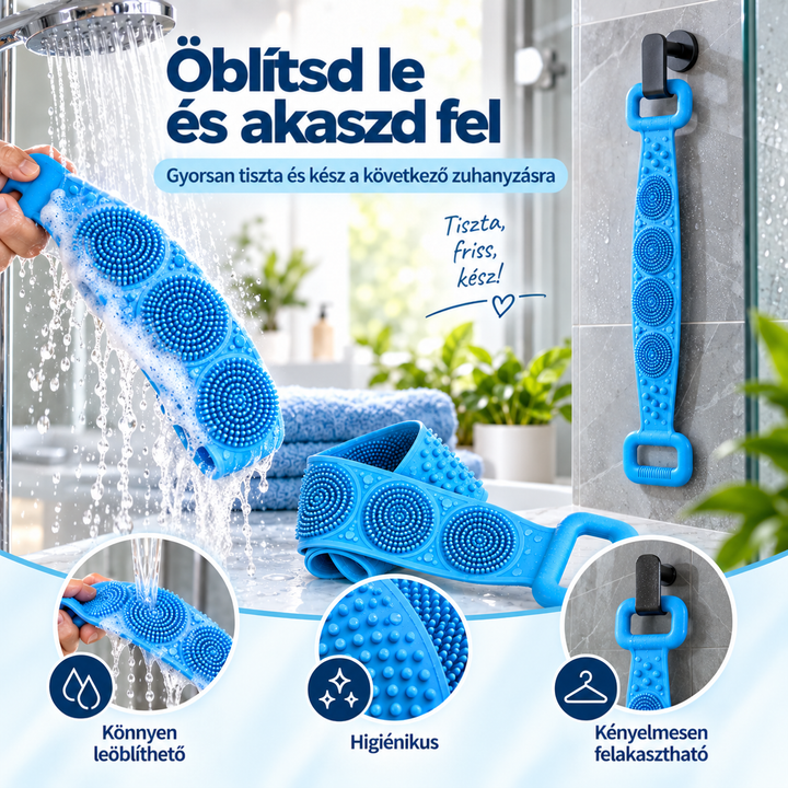 Kék dörzsölő leöblítése a zuhany alatt, mellette felgöngyölve az asztalon és fali kampón felakasztva 4
