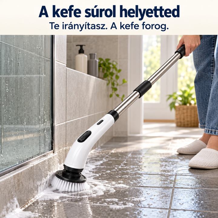 A kefefej habos padlót és a zuhanykabin alját súrolja, a nyelet tartó személy lábánál 11