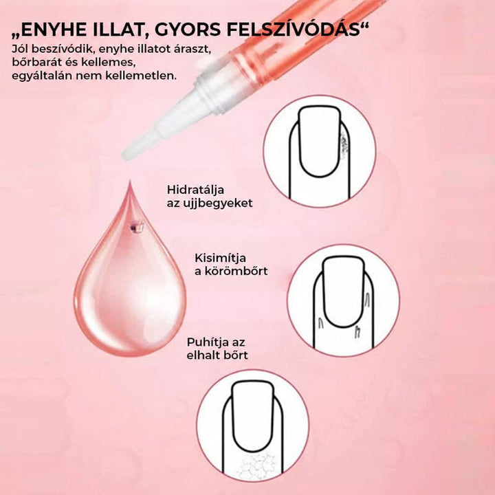 Olajcsepp és ecsetes toll rózsaszín alapon, három kis rajzon a körömágy és a szárnyas bőr ápolásával 8