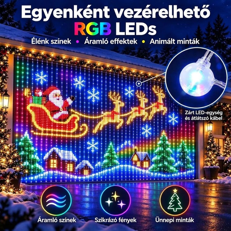 Garázskapu előtt Mikulást és rénszarvasokat ábrázoló színes fényfüggöny, kinagyított átlátszó LED-egységgel a sarokban 4