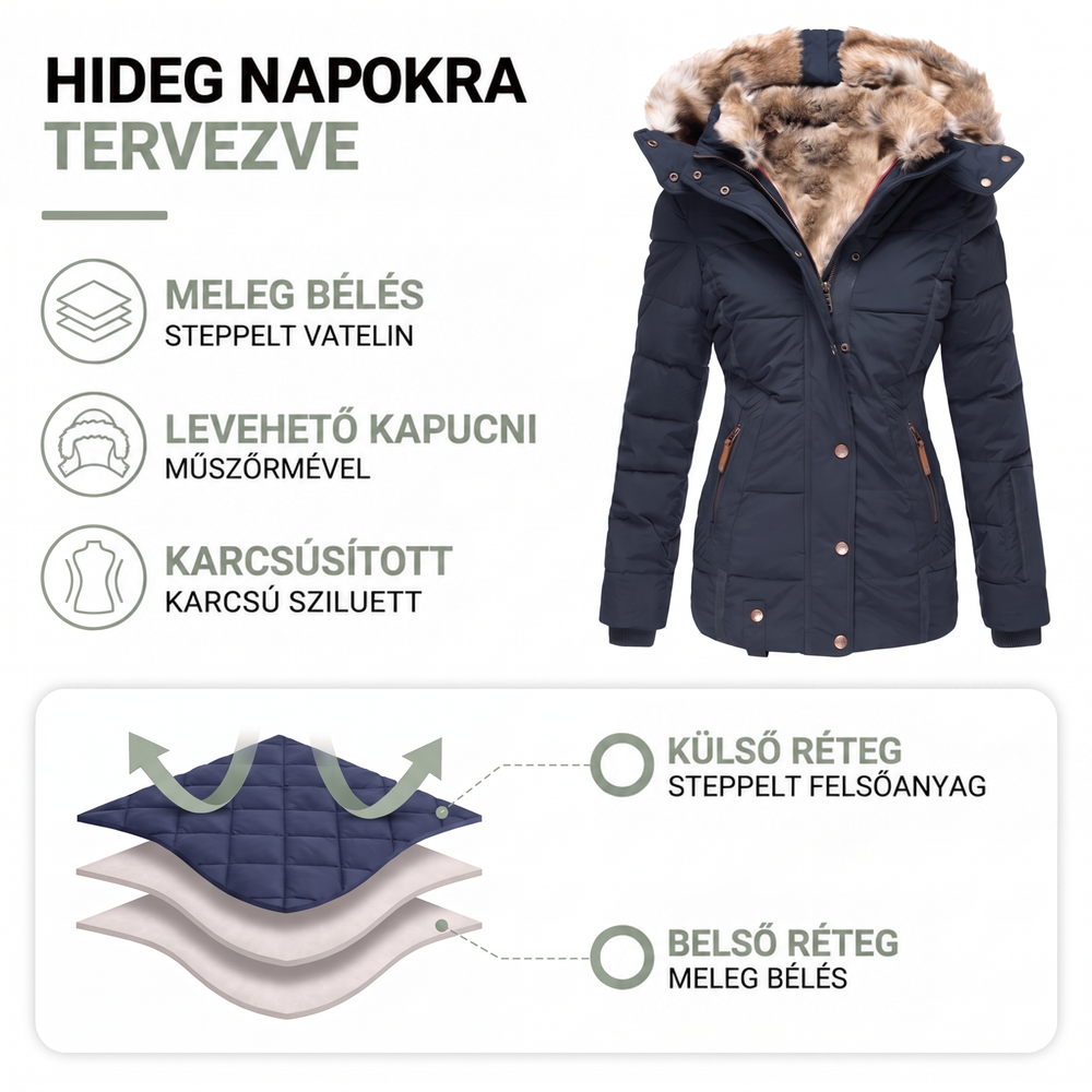 Tájékoztató grafika a sötétkék kabátról: bélelt steppelés, levehető kapucni és karcsúsított szabás rétegábrával 2