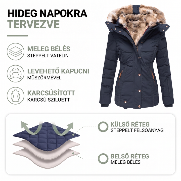 Tájékoztató grafika a sötétkék kabátról: bélelt steppelés, levehető kapucni és karcsúsított szabás rétegábrával 2