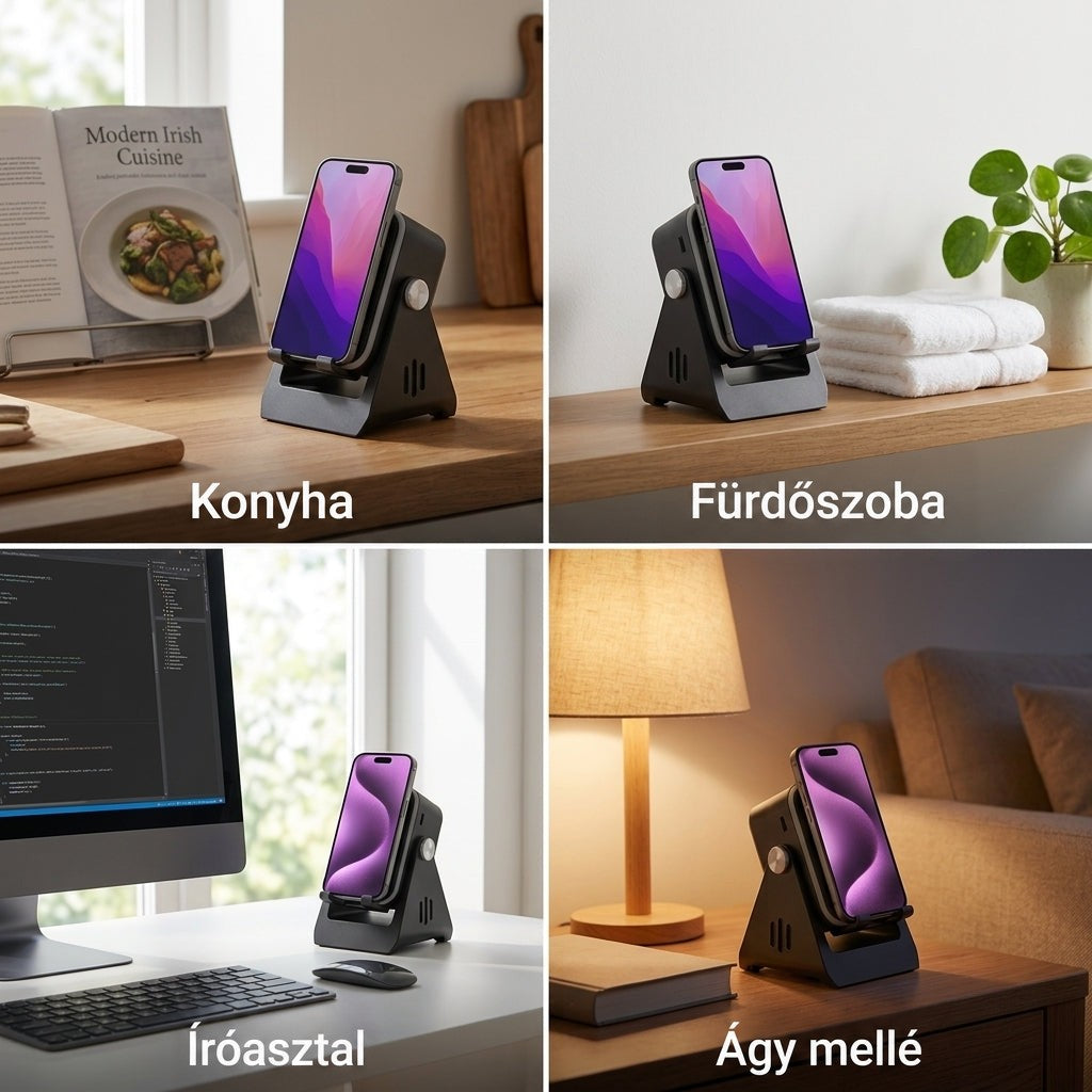 Négyes kollázs a fekete állványról telefonnal: konyhában, fürdőszobában, íróasztalon és éjjeliszekrényen 6