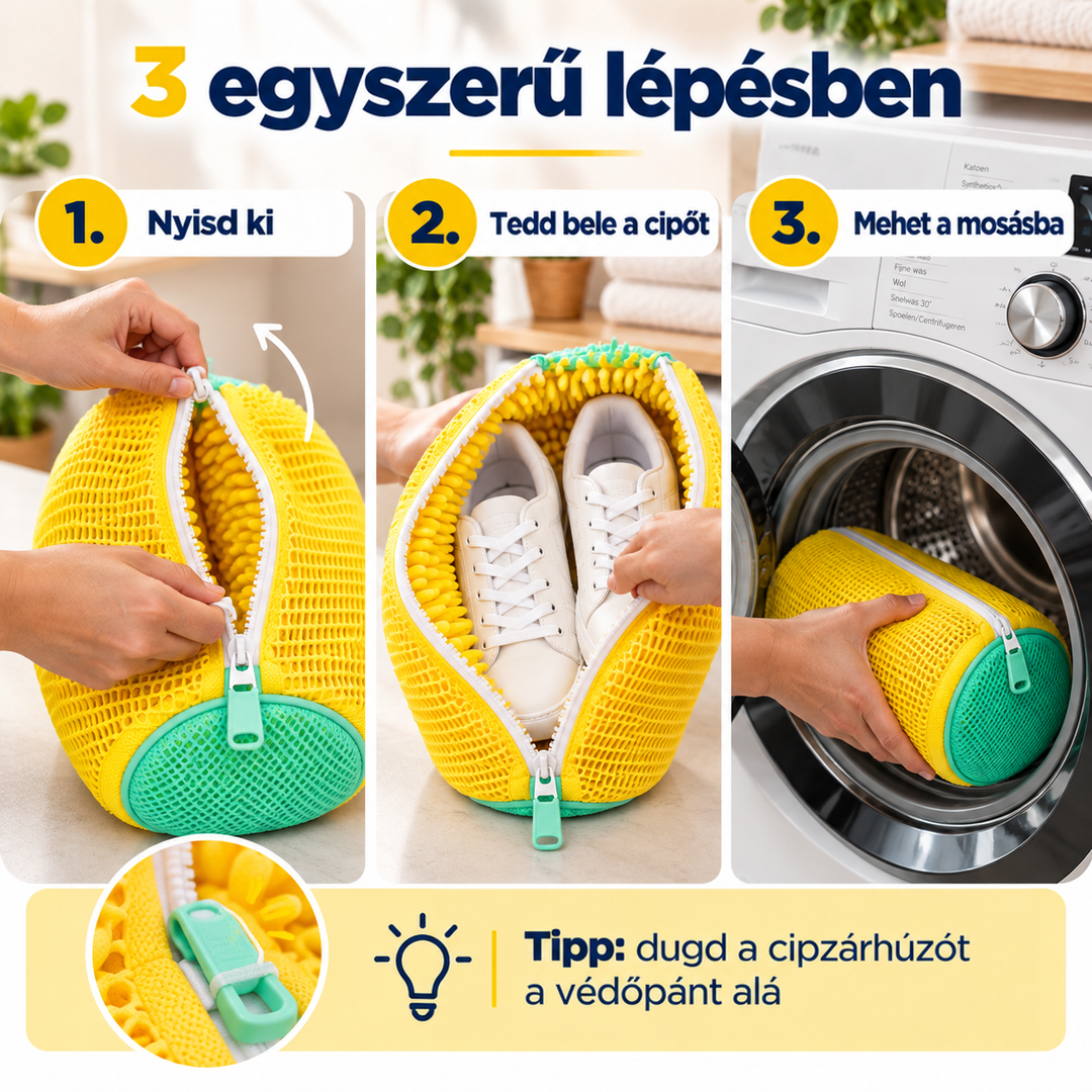 Háromlépéses használat: zsák cipzárjának kinyitása, cipők behelyezése, majd a zsák a mosógépben 6