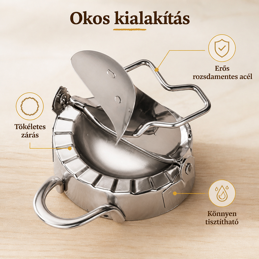 Közeli kép a nyitott gombócformáról: bordázott peremű acéltest, felhajtott fedél, két fogantyú, világos fa háttéren. 3