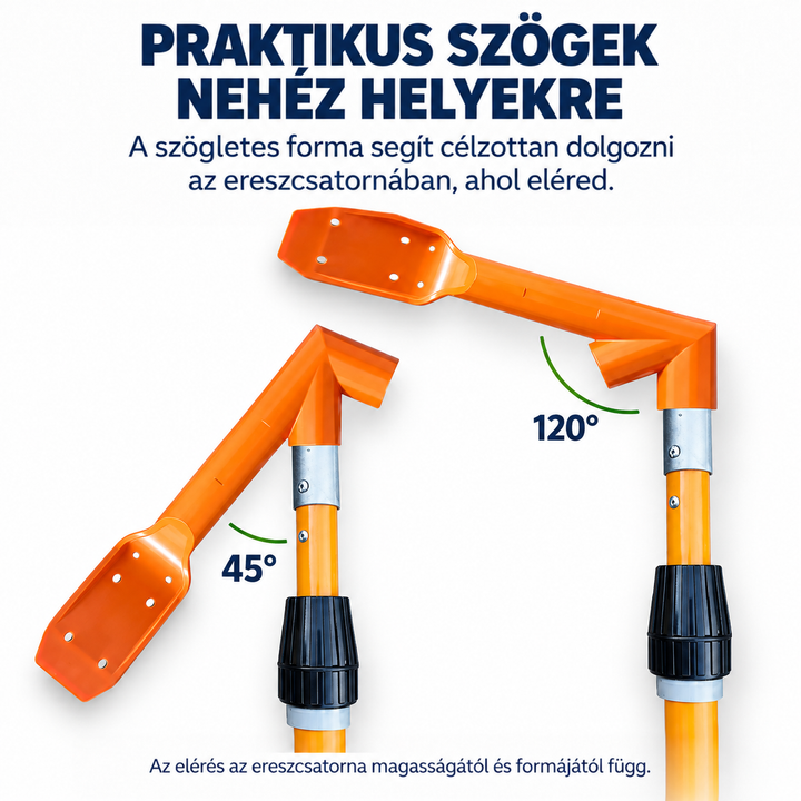 Két narancssárga lapátfej a rúdon, az állítható szögek közelképen, 45 és 120 fokos állásban 2