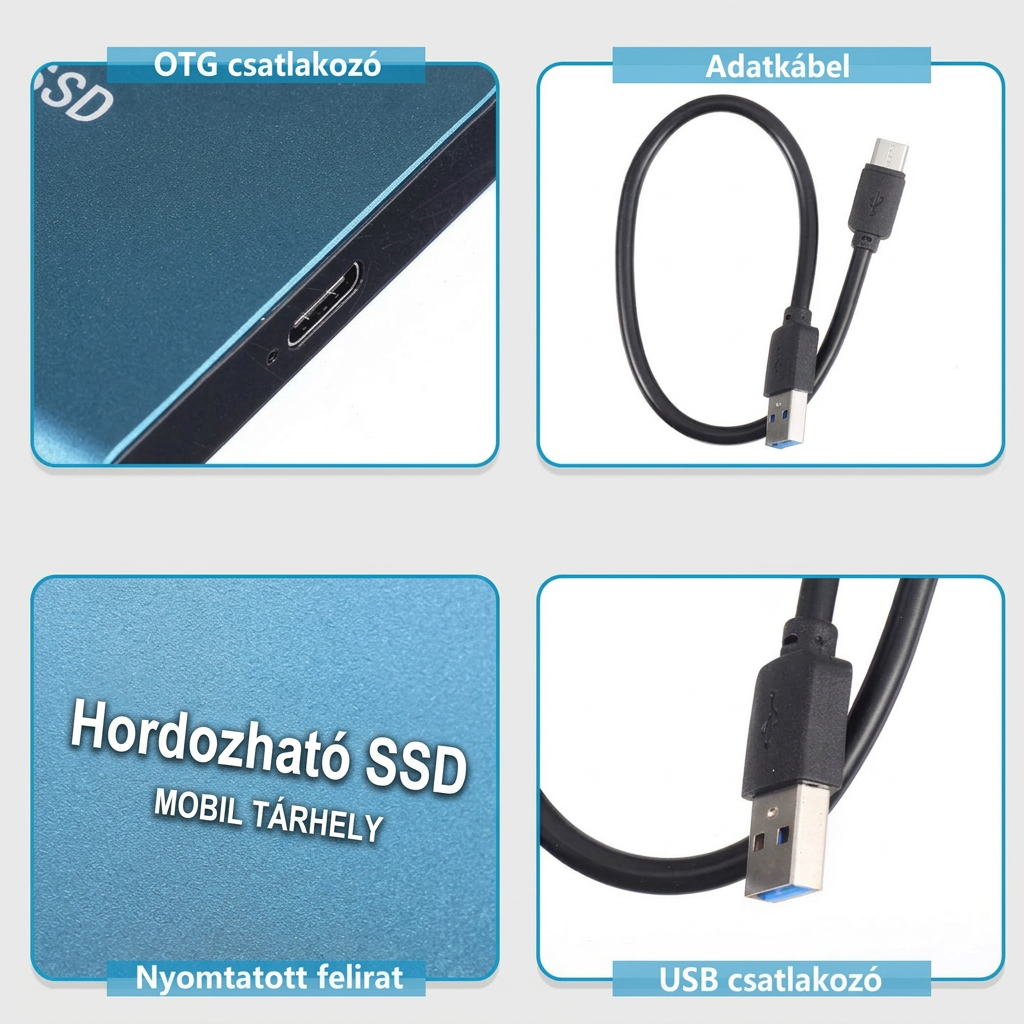 Négy részletkép: az SSD csatlakozója, a kábel, a gravírozott felirat és az USB-A dugó 7