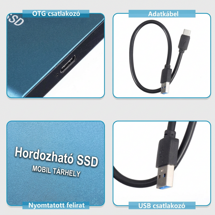 Négy részletkép: az SSD csatlakozója, a kábel, a gravírozott felirat és az USB-A dugó 7