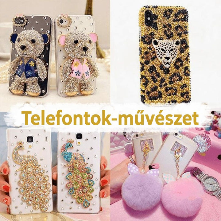 Négy strasszal díszített telefontok: macis, leopárdmintás, pávás és bolyhos pompomos, mindegyik kézműves ötlet 4