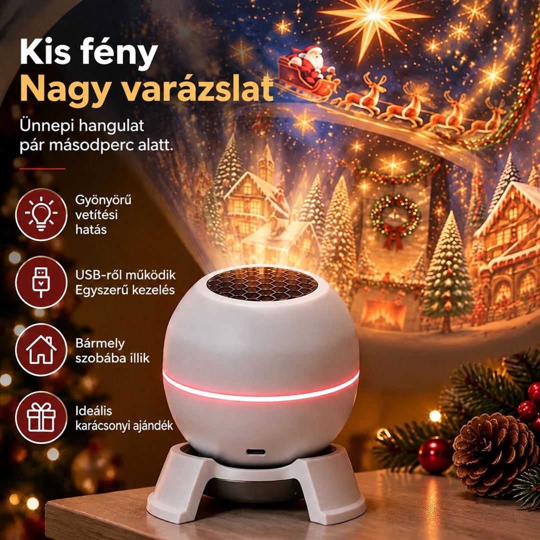 Közeli kép a fehér gömb projektorról piros fénygyűrűvel és hátul USB-porttal, a háttérben ünnepi vetítés és fenyőtoboz 3