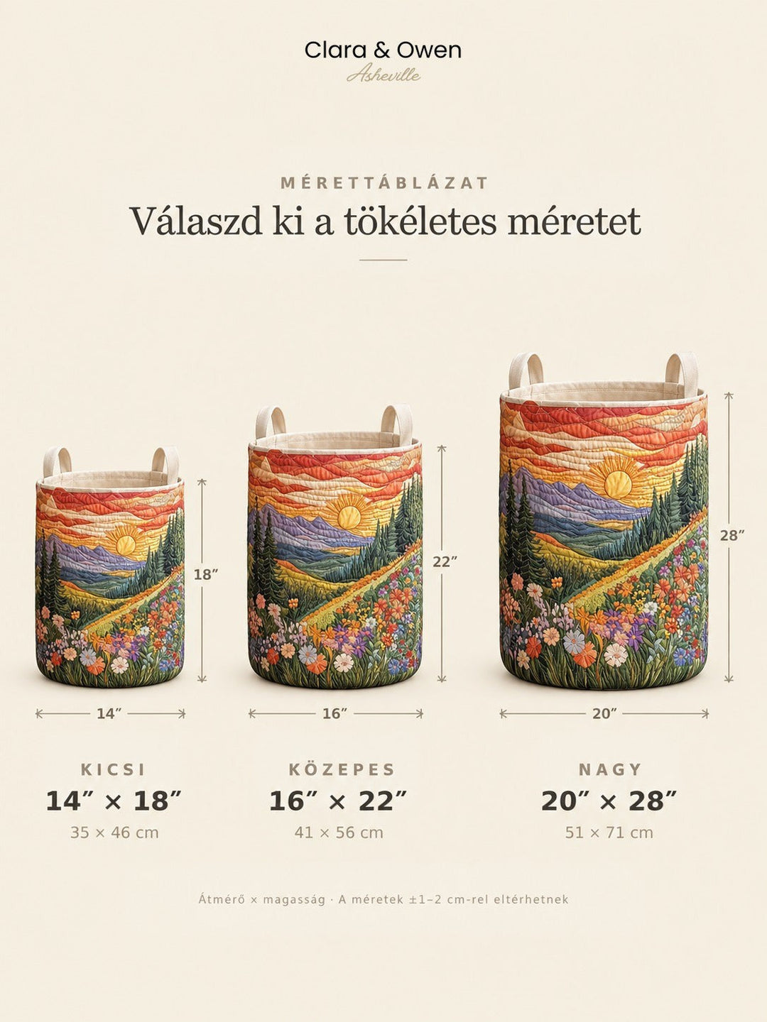 Méretábra a kosár három méretéről egymás mellett, átmérő és magasság jelzésével, kicsi, közepes és nagy változatban. 5