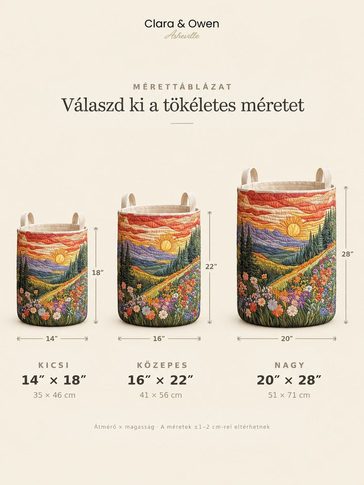 Méretábra a kosár három méretéről egymás mellett, átmérő és magasság jelzésével, kicsi, közepes és nagy változatban. 5