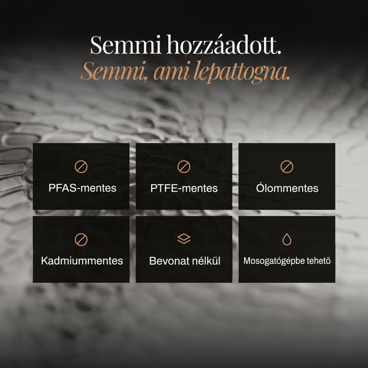 Ikonos infografika a bevonatmentes, vegyszermentes és mosogatógépben mosogatható edényekről, elmosódott kovácsolt fémmintázat 6