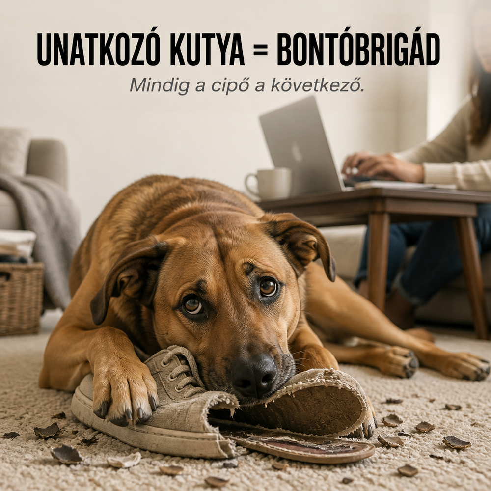 Unatkozó barna kutya egy szétrágott cipőn fekszik, a háttérben egy nő laptopon dolgozik 2
