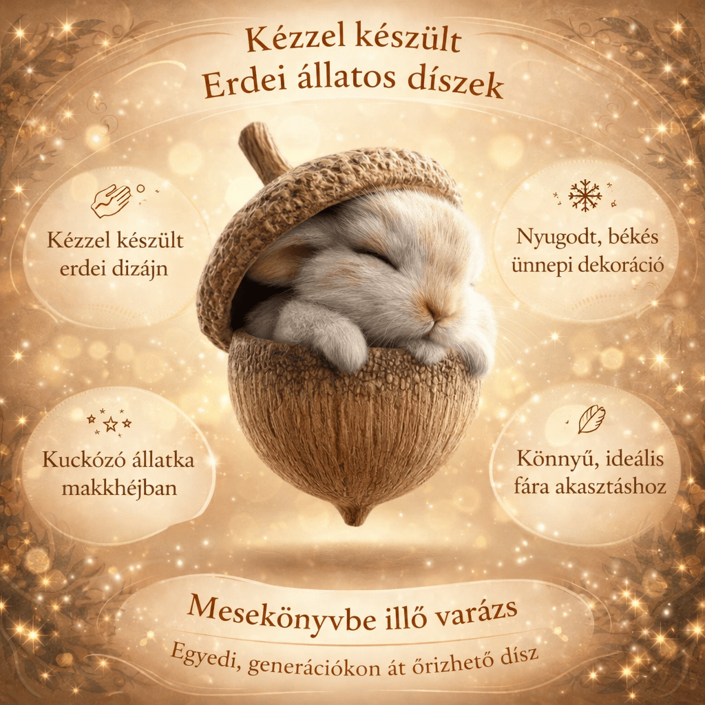 Tájékoztató grafika nyuszis makkdísszel és a díszek jellemzőit felsoroló szövegbuborékokkal 7