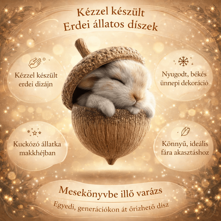 Tájékoztató grafika nyuszis makkdísszel és a díszek jellemzőit felsoroló szövegbuborékokkal 7