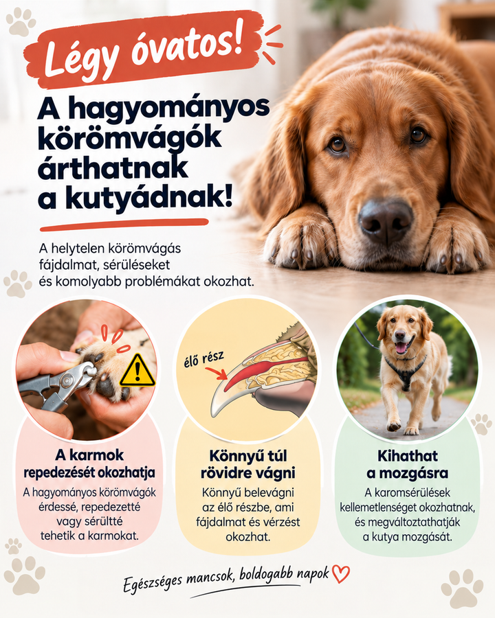 Tájékoztató grafika a hagyományos körömollók kockázatairól, fekvő kutyával és három szemléltető kisképpel 4