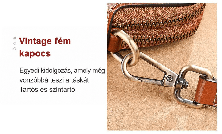 Közeli kép a pánt antik hatású fém karabinerkapcsáról és a cipzár szélén lévő karikáról 15