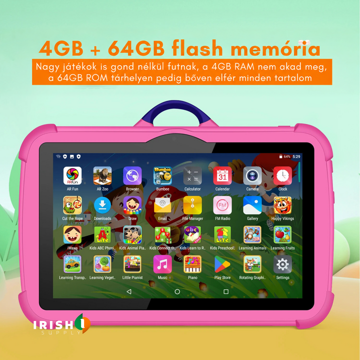 Rózsaszín tablet kezdőképernyője sok gyerekalkalmazás ikonjával, a tárhelyet és memóriát bemutató grafikában 6