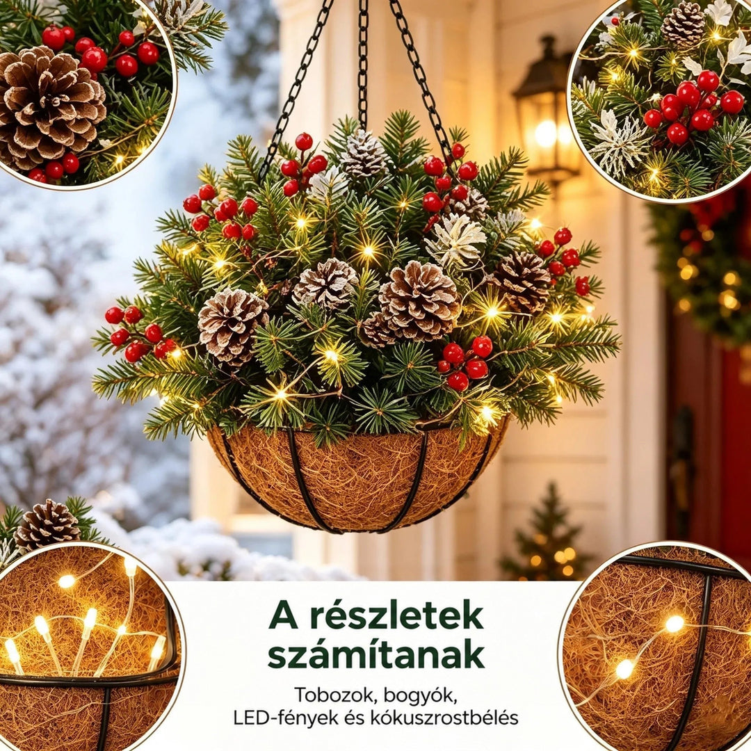 Közeli részletek a tobozokról, bogyókról, fényfüzérről és a kókuszrost bélésről a függő kosár körül 3